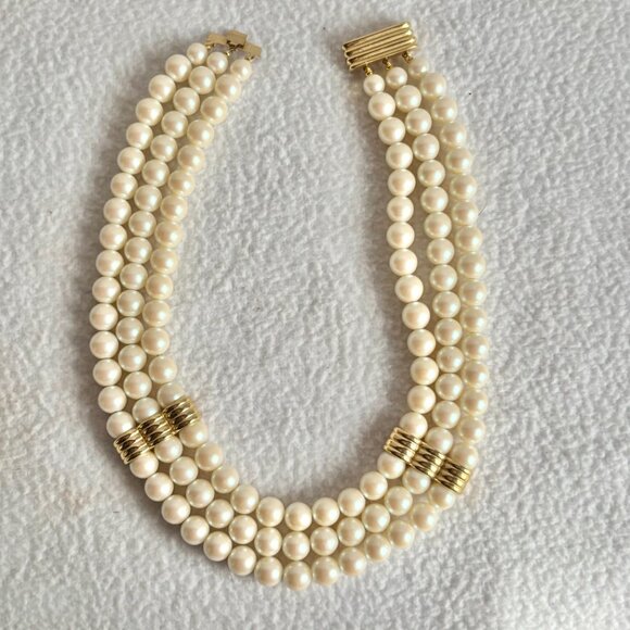 3-Strand Faux Pearl Necklace with Gold Tone Accents - Picture 3 of 6